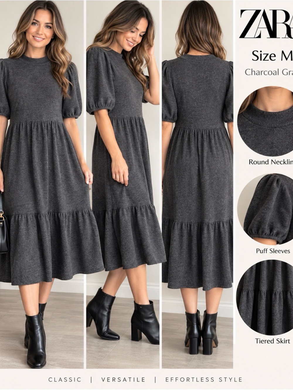 ZARA Women’s Charcoal Gray Knit Tiered Midi Dress Puff Sleeve Size M